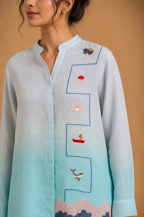 Turquoise Ombré Embroidered Shirt