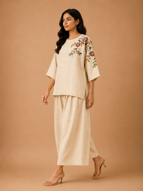 Beige Floral Embroidered Co-Ord Set