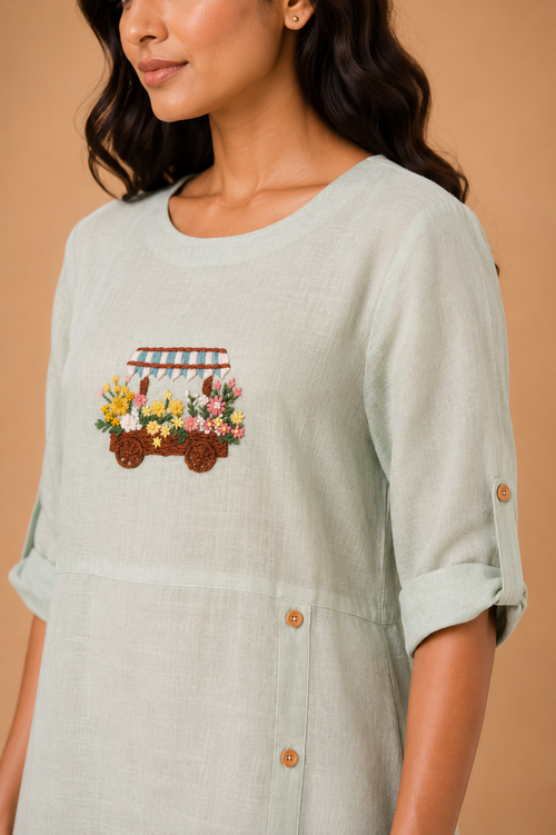 Sage Green Button-Accent Embroidered Dress