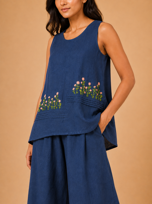 Blue Wildflower Embroidered Co-Ord Set