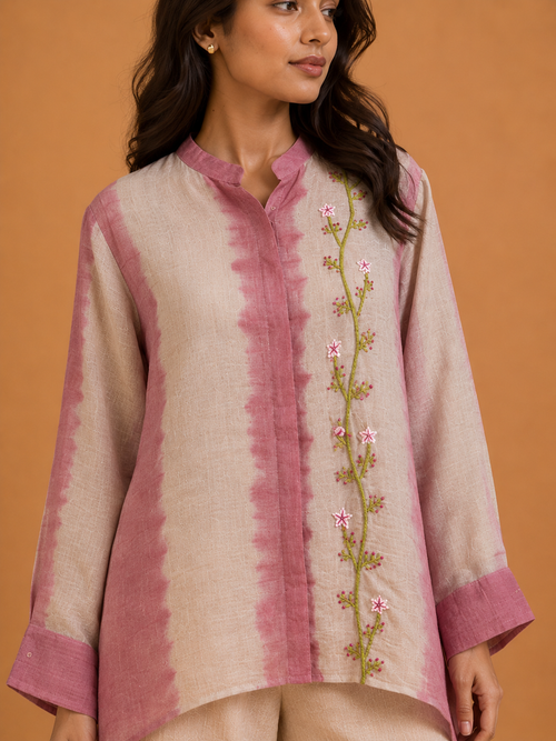 Pink & Beige Tie-Dye Embroidered Shirt