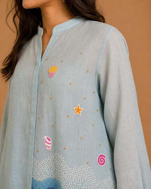 Blue Knot Wave Embroidered Shirt
