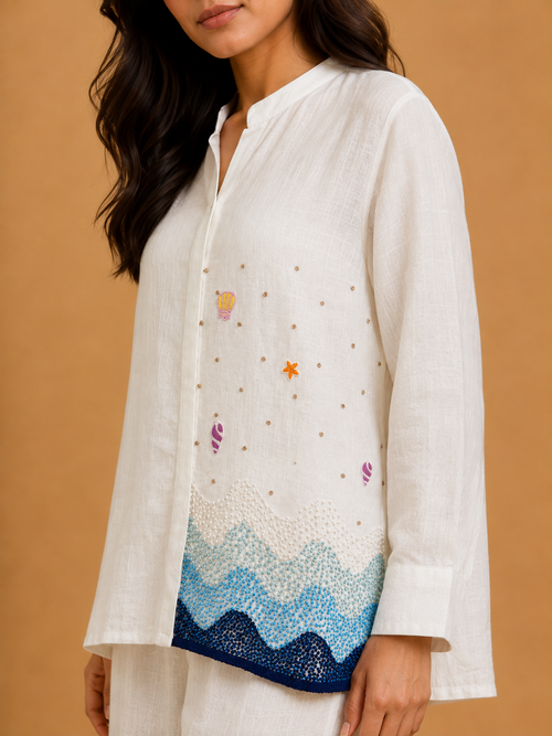White & Blue Knot Wave Embroidered Shirt