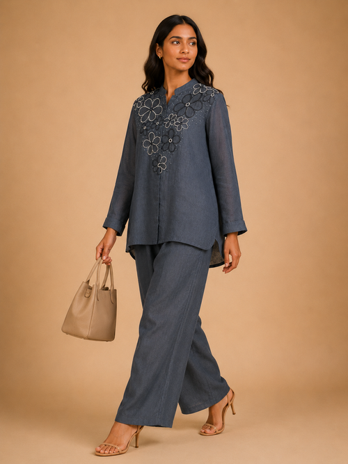 Grey Floral French Knot Co-Ord Set