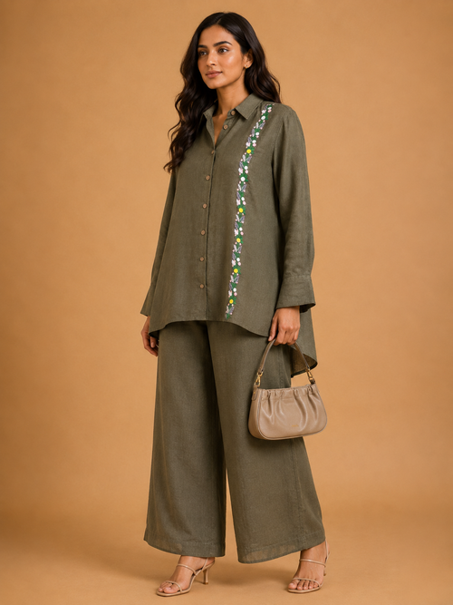 Olive Green Floral Vine Embroidered Shirt