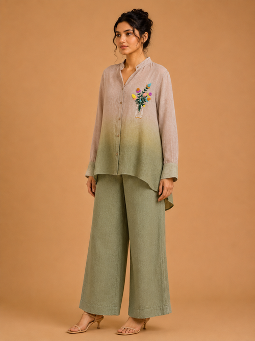 Olive Ombré Floral Embroidered Shirt