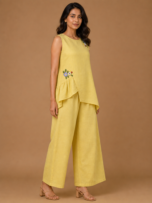 Yellow Floral Embroidered Asymmetric Co-Ord Set