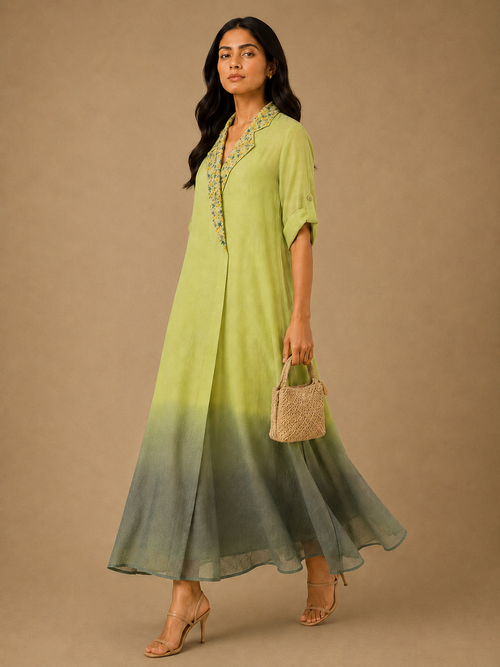Lime & Olive Ombré Embroidered Collar Dress