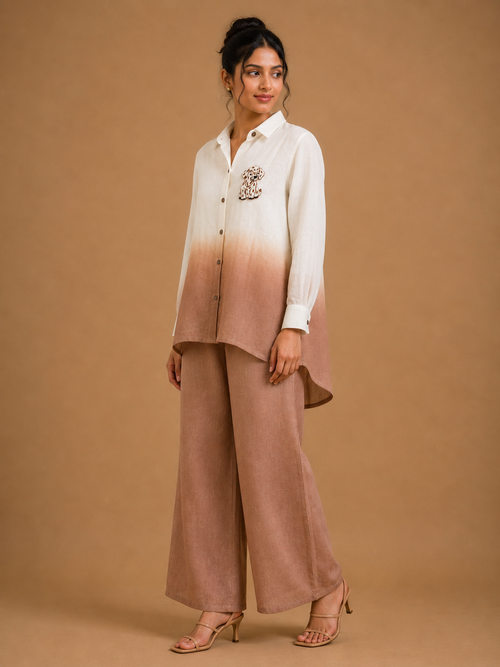 White & Brown Ombré Puppy Embroidered Shirt