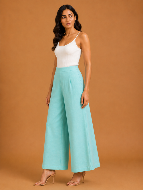 Turquoise Blue Relaxed Fit Linen Trouser