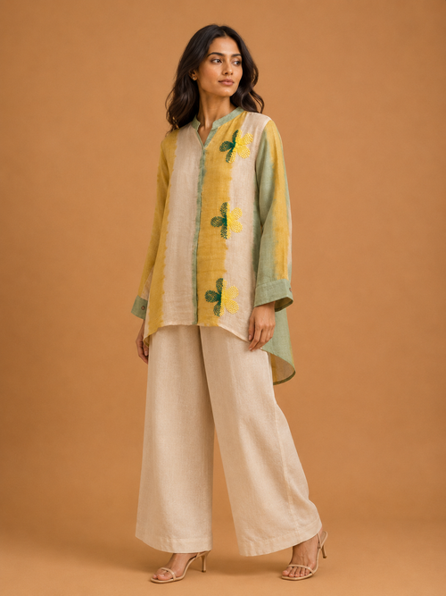 Yellow & Green Tie-Dye Embroidered Shirt