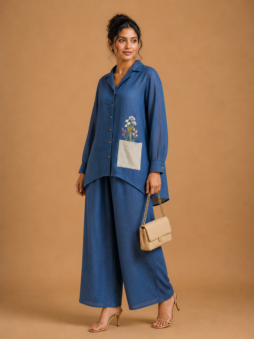 Deep Blue Wildflower Pocket Shirt