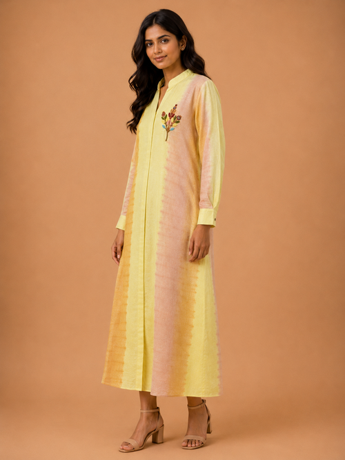 Yellow & Peach Tie-Dye Embroidered Dress