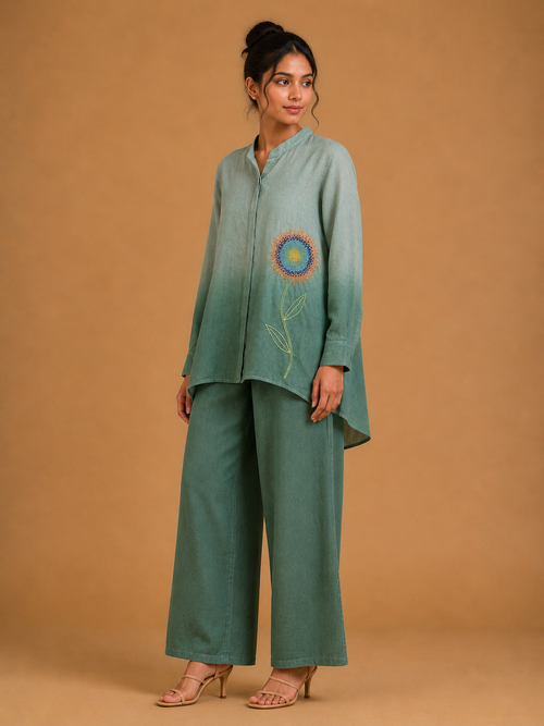 Sage Green Beaded Flower Ombré Shirt