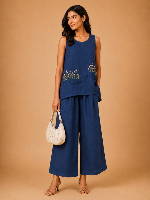 Blue Wildflower Embroidered Co-Ord Set