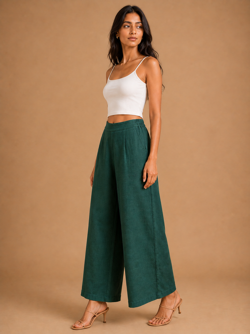Dark Green Relaxed Fit Linen Trouser
