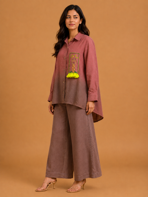 Mauve & Brown Ombré Giraffe Embroidered Shirt