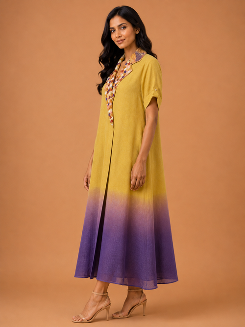 Yellow & Purple Ombré Embroidered Collar Dress