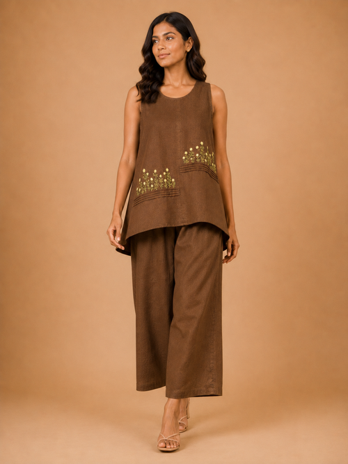Brown Wildflower Embroidered Co-Ord Set