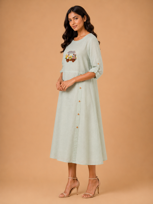Sage Green Button-Accent Embroidered Dress