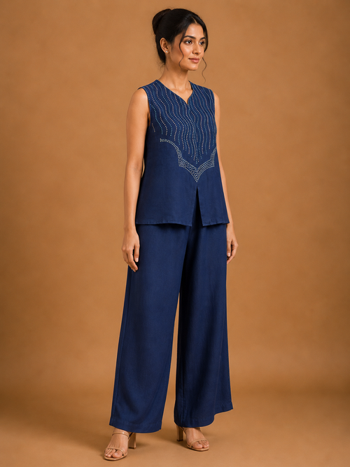 Navy Blue Wavy French Knot Co-Ord Set