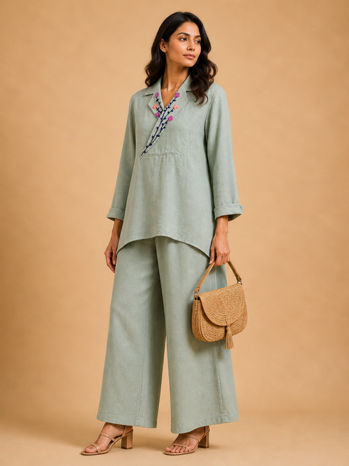 Sage Green Floral Lapel Co-Ord Set