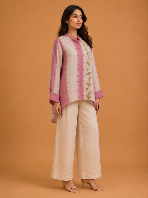 Pink & Beige Tie-Dye Embroidered Shirt
