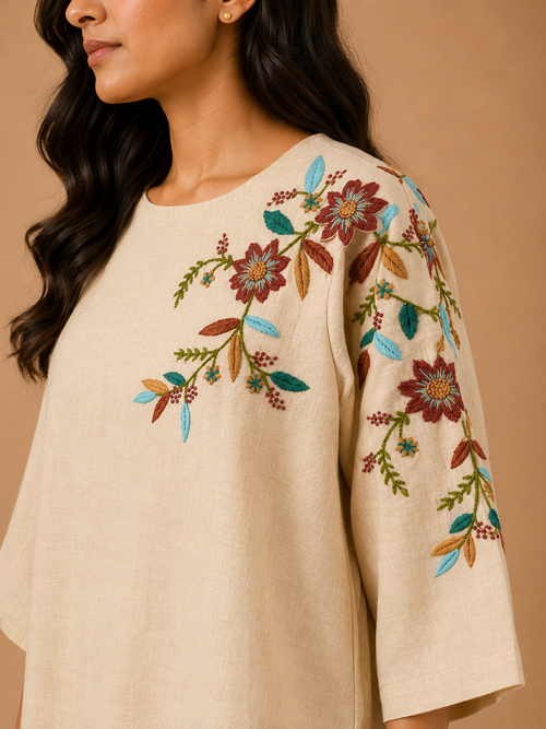 Beige Floral Embroidered Co-Ord Set
