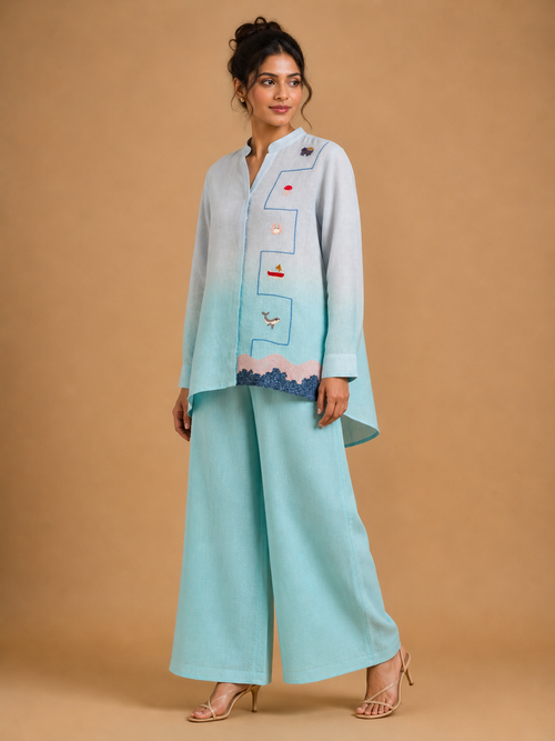 Turquoise Ombré Embroidered Shirt