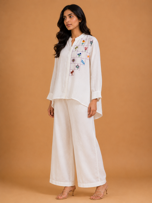White Grid & Floral Embroidered Shirt