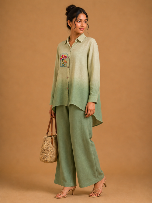Sage Green Mushroom Embroidered Shirt