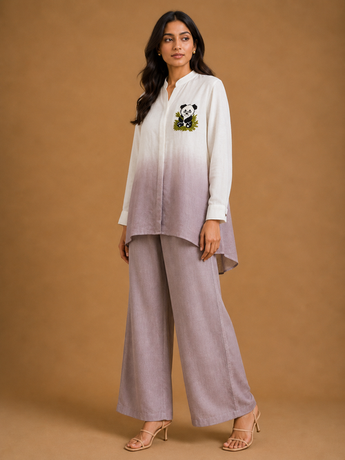 White & Mauve Ombré Panda Embroidered Shirt