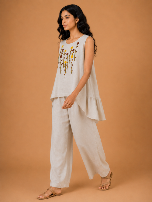 Beige Sunflower Embroidered Co-Ord Set
