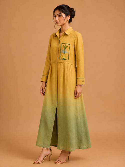 Yellow & Olive Ombré Embroidered Dress