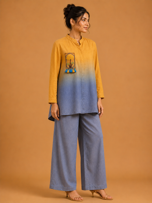 Yellow & Grey Ombré Embroidered Shirt