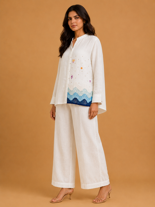 White & Blue Knot Wave Embroidered Shirt
