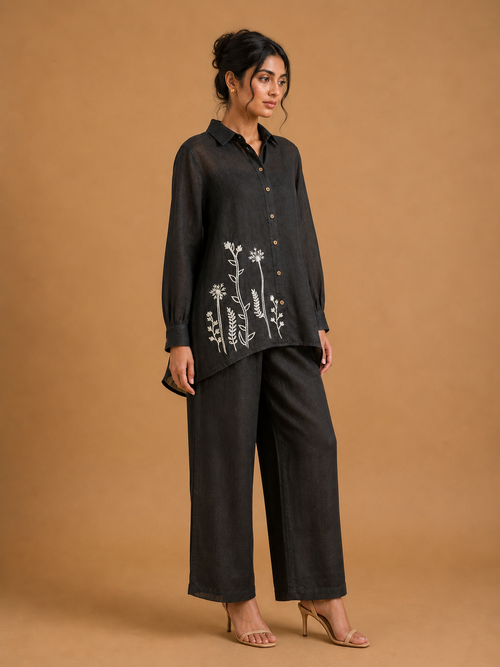 Black White Floral Embroidered Shirt