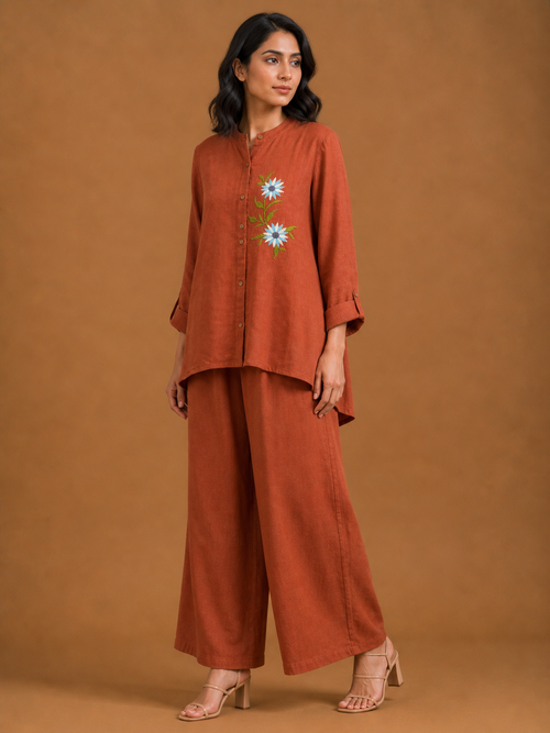Rust Blue Floral Embroidered Co-Ord Set