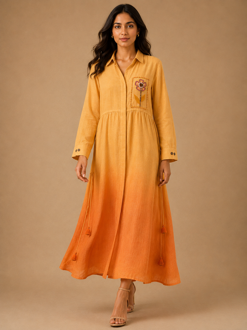 Orange Embroidered Linen Dress