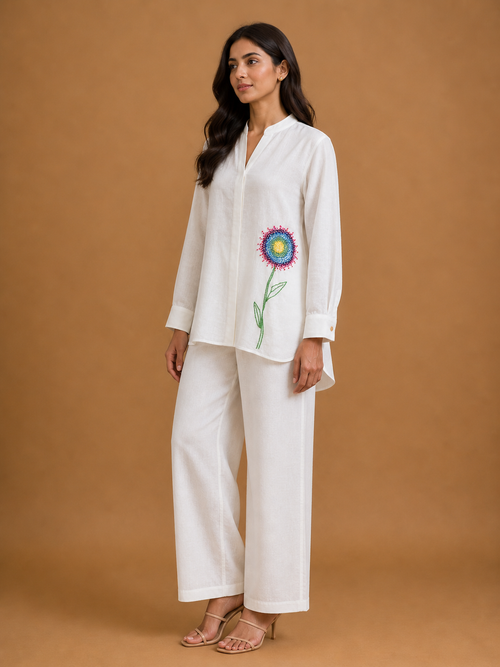 White Beaded Flower Ombré Shirt