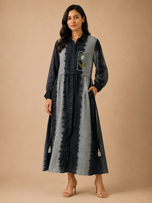 Grey & Black Tie-Dye Embroidered Dress