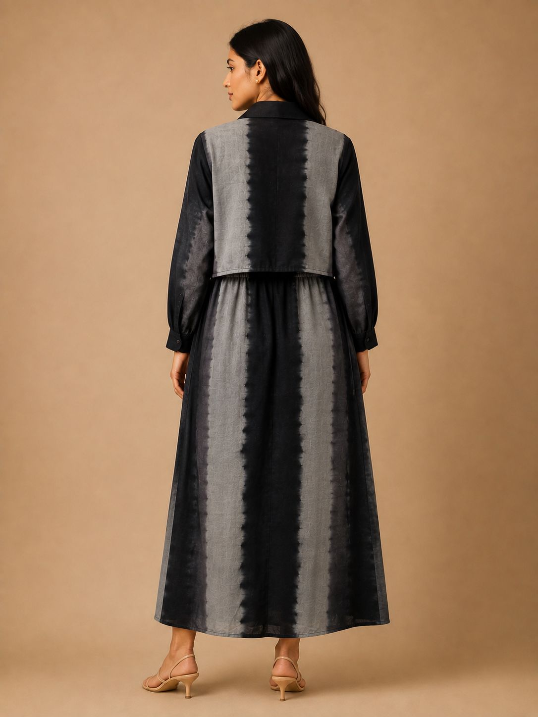 Grey & Black Tie-Dye Embroidered Dress