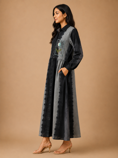 Grey & Black Tie-Dye Embroidered Dress