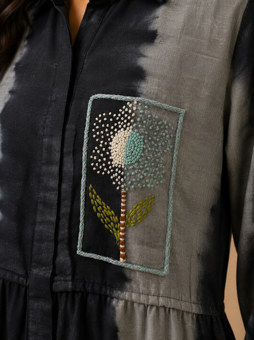 Grey & Black Tie-Dye Embroidered Dress