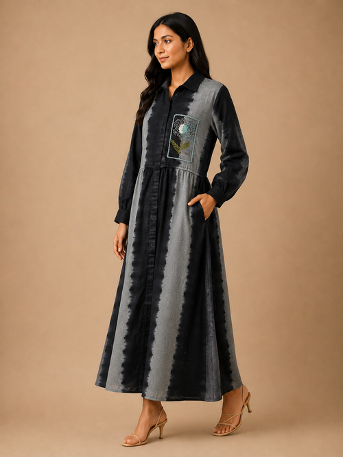 Grey & Black Tie-Dye Embroidered Dress