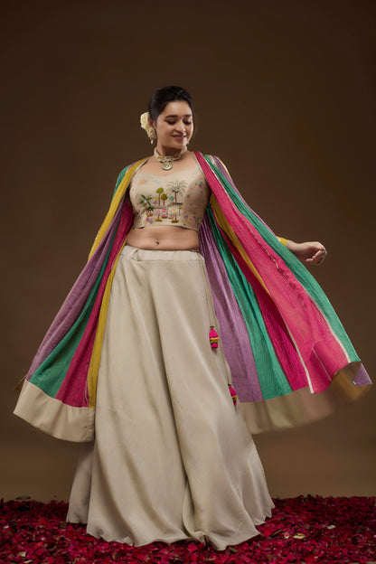 Grey Lehenga Choli with Multicolour Jacket